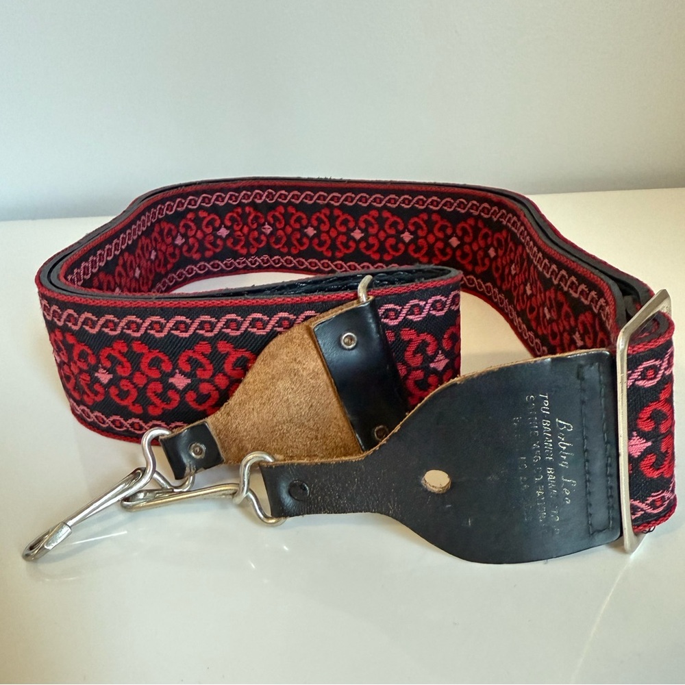 Adjustable Red Patterned Guitar Strap with Leather Ends